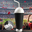 VASO, PLÁSTICO, NEGRO, 600 ml, vuvuzela con tapa como diseño de pelota y pajilla, desmontable