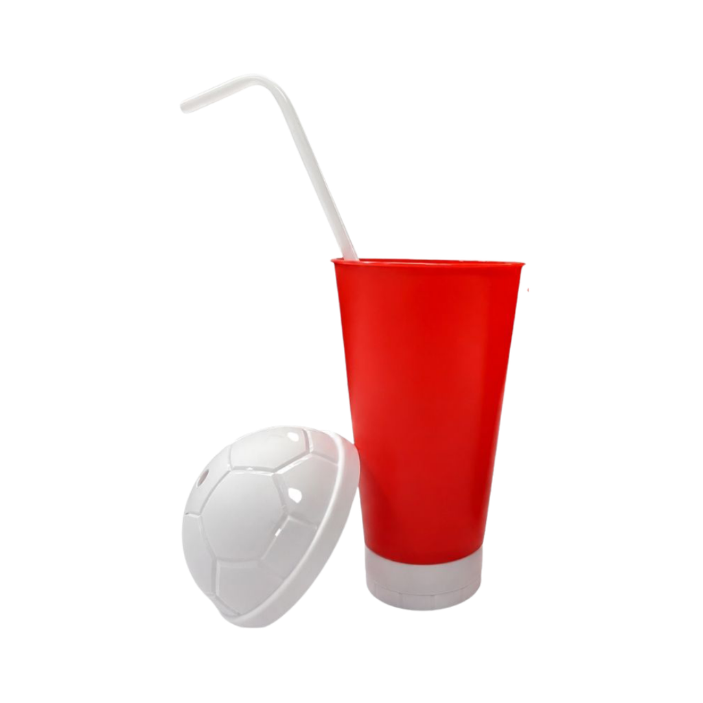 VASO, PLÁSTICO, ROJO, 600 ml, vuvuzela con tapa como diseño de pelota y pajilla, desmontable