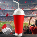 VASO, PLÁSTICO, ROJO, 600 ml, vuvuzela con tapa como diseño de pelota y pajilla, desmontable