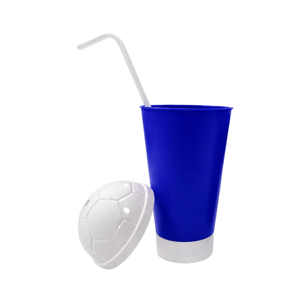 VASO, PLÁSTICO, AZUL OSCURO, 600 ml, vuvuzela con tapa como diseño de pelota, desmontable