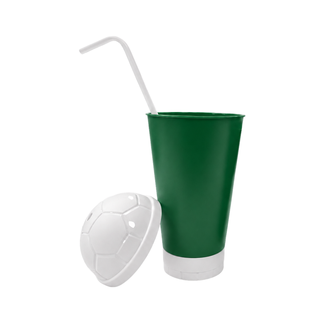 VASO, PLÁSTICO, VERDE, 600 ml, vuvuzela con tapa como diseño de pelota y pajilla, desmontable