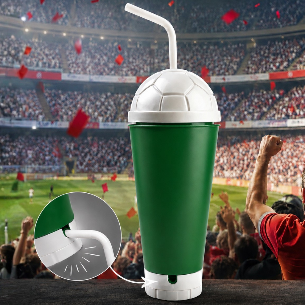 VASO, PLÁSTICO, VERDE, 600 ml, vuvuzela con tapa como diseño de pelota y pajilla, desmontable