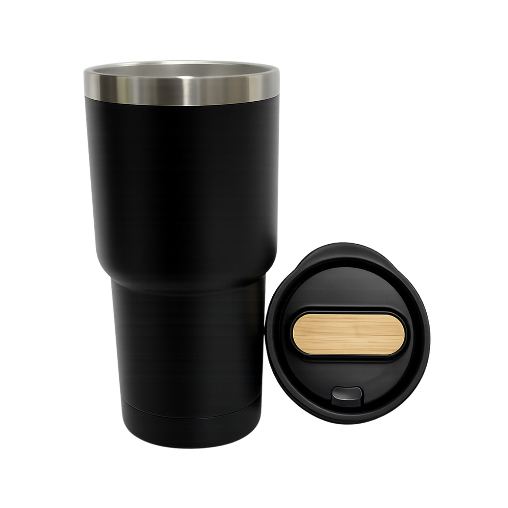 Vaso, acero inoxidable, negro, 530ml, Selene  18*8.8 cm doble pared top de bambú