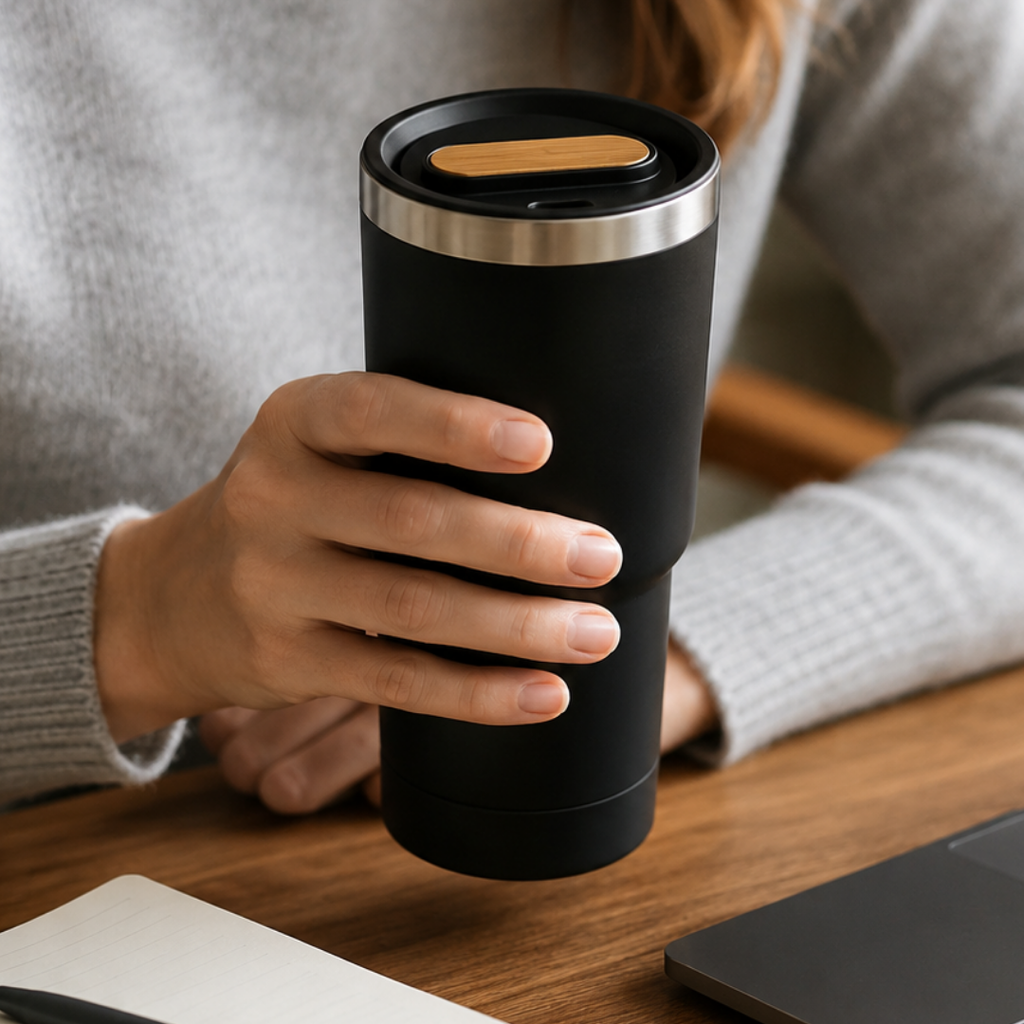 Vaso, acero inoxidable, negro, 530ml, Selene  18*8.8 cm doble pared top de bambú