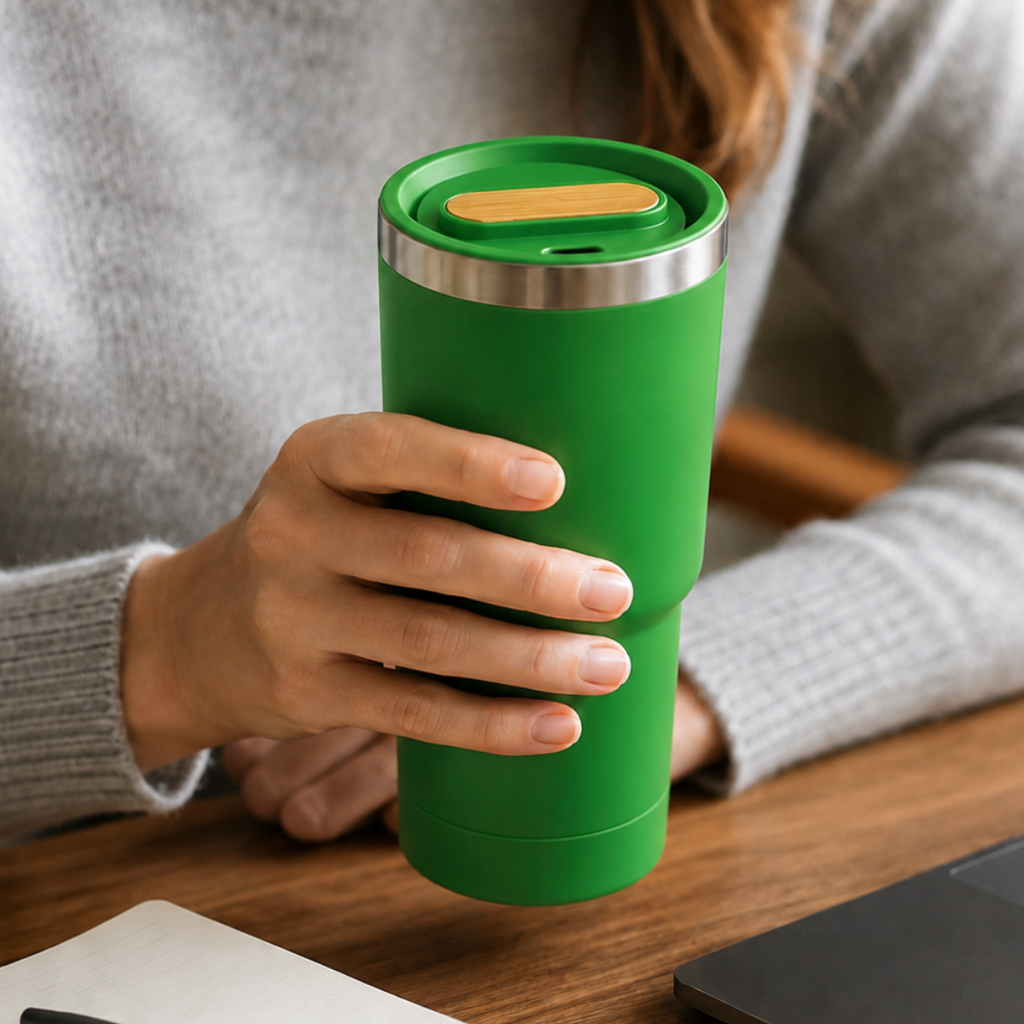 Vaso, acero inoxidable, verde, 530ml, Selene  18*8.8 cm doble pared top de bambú