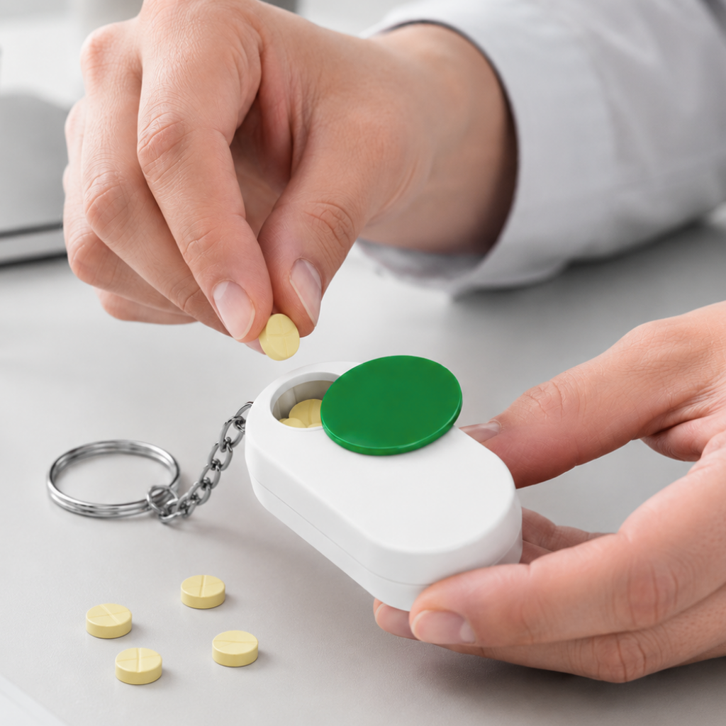 pastillero, plástico, verde,  nd, porta pildoras con cuerpo blanco