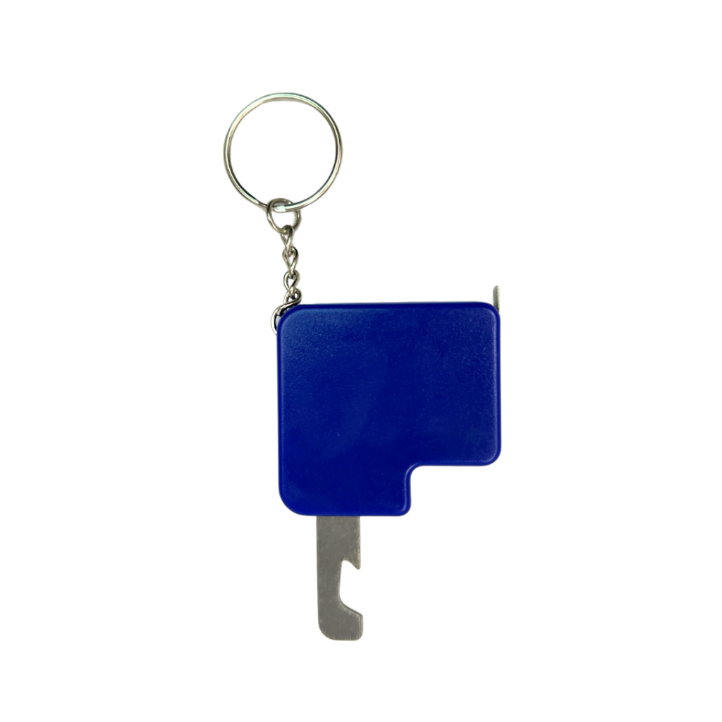 llaveros, plástico, azul, 4.5*4.5 cm centimetros, con destapador y metro (1 m)