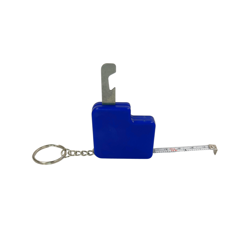 llaveros, plástico, azul, 4.5*4.5 cm centimetros, con destapador y metro (1 m)