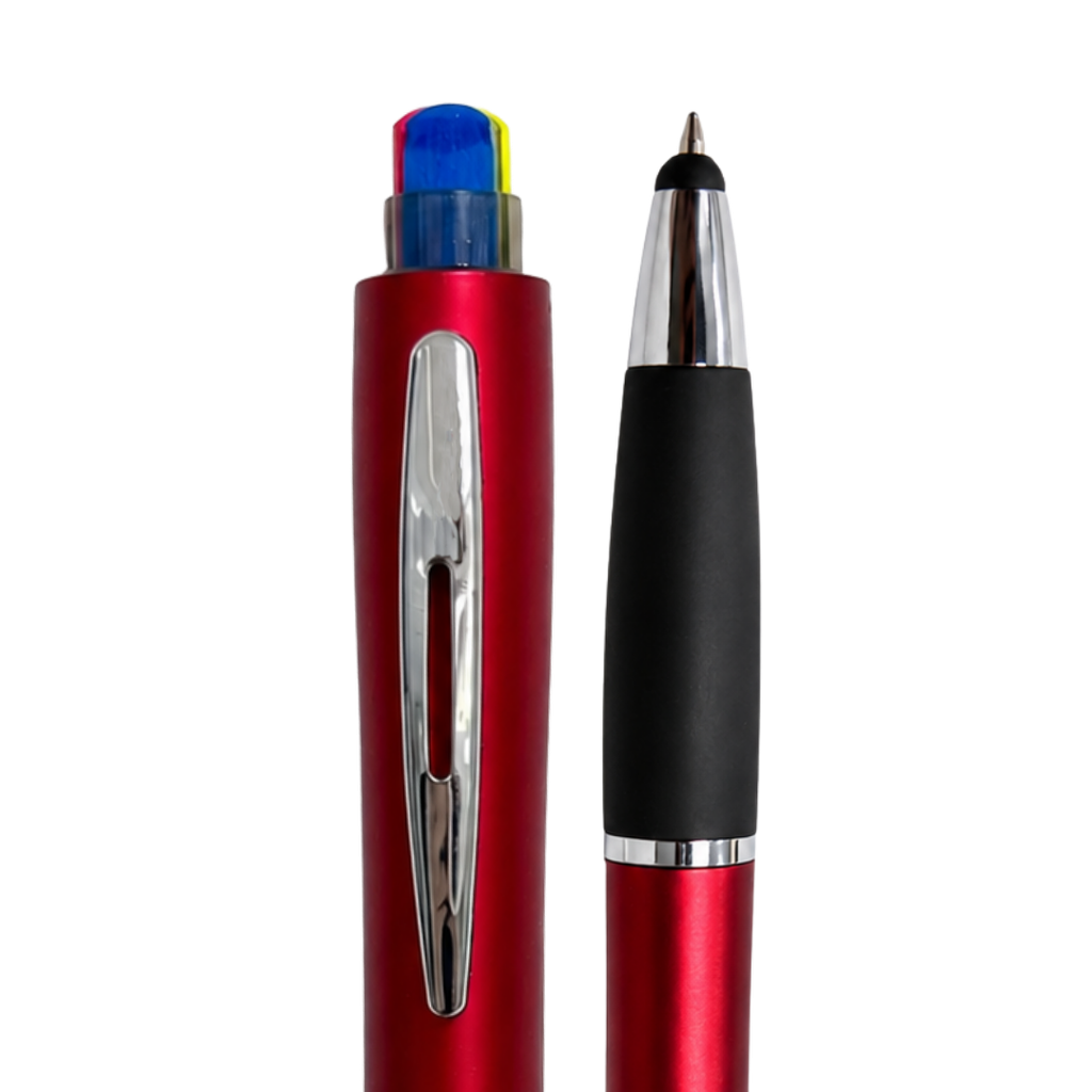 lapicero luminous, con goma antideslizante, rojo, y 3 resaltadores ,