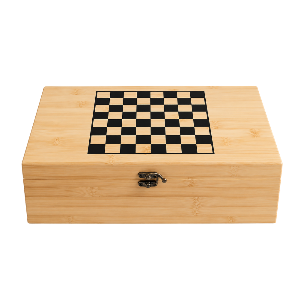 Caja Bambú Natural 36.5*21.5*11.7CM para 2 botellas de vino con juego de ajedrez y 5 utensilios