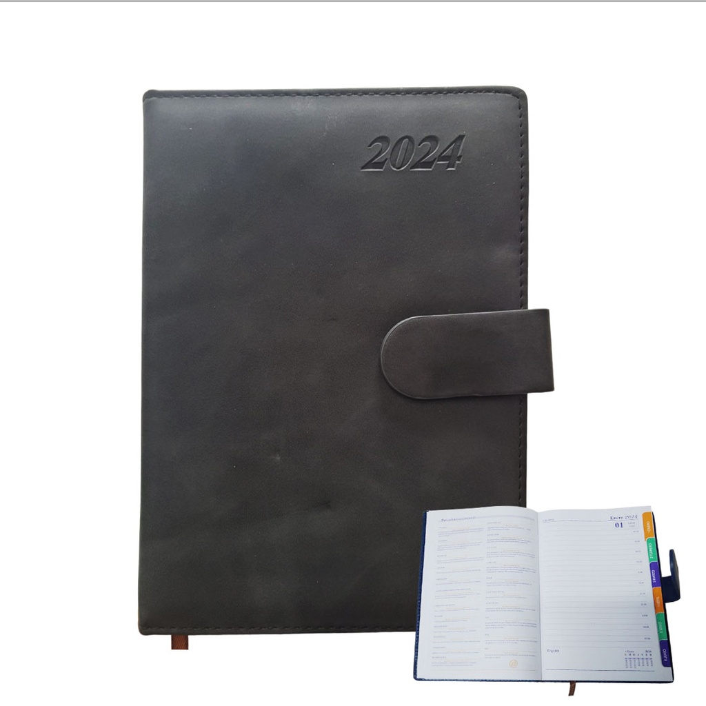 Agendas, Imitacion Cuero, Gris Oscuro, A5 2024 Con , Cierre Magnetico,