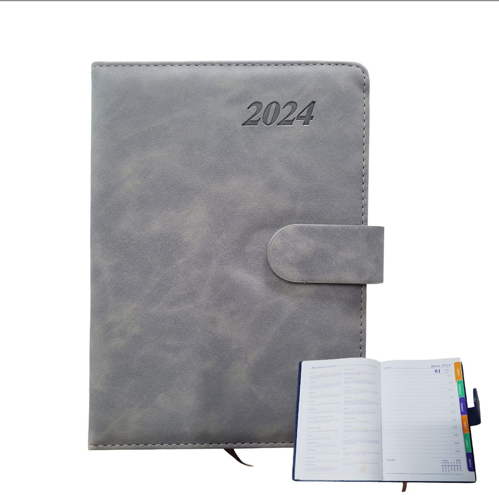 Agendas, Imitacion Cuero, Gris, A5 2024 Con , Cierre Magnetico
