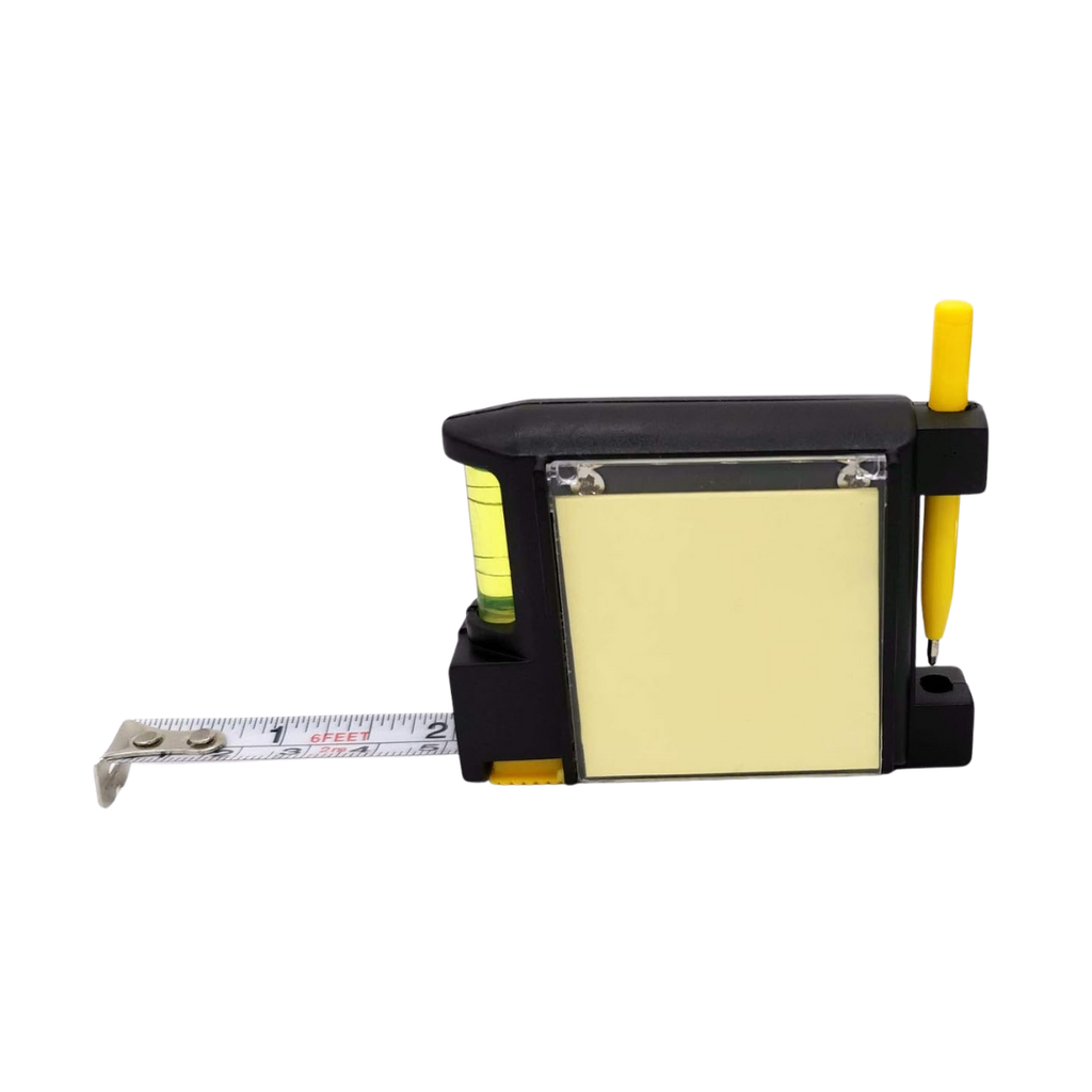Metro plástico negro con nivel lápiz y block de notas
