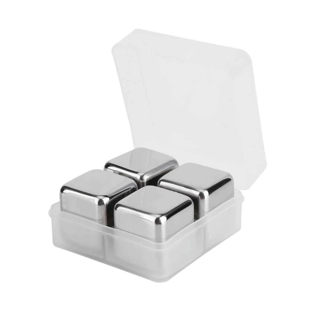 Cubo acero inoxidable plateado 2.7*2.7*2.7 cm set 4 pcs en caja negra