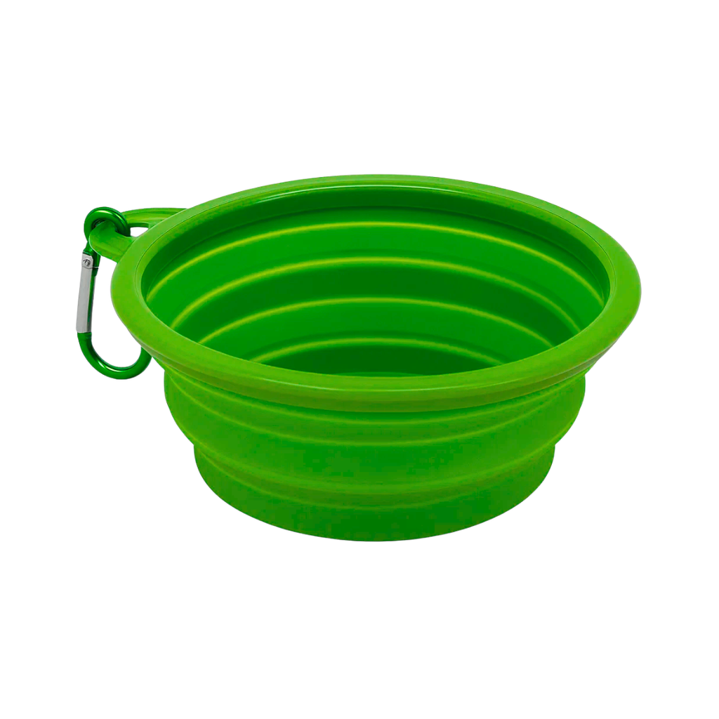 Tazon Silicón verde 350 ml expandible con arnés para mascota