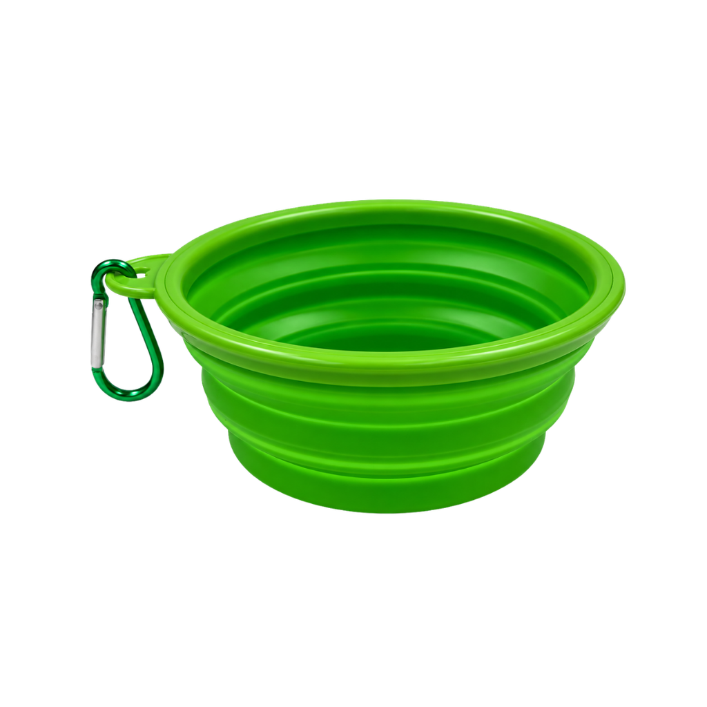 Tazon Silicón verde 350 ml expandible con arnés para mascota