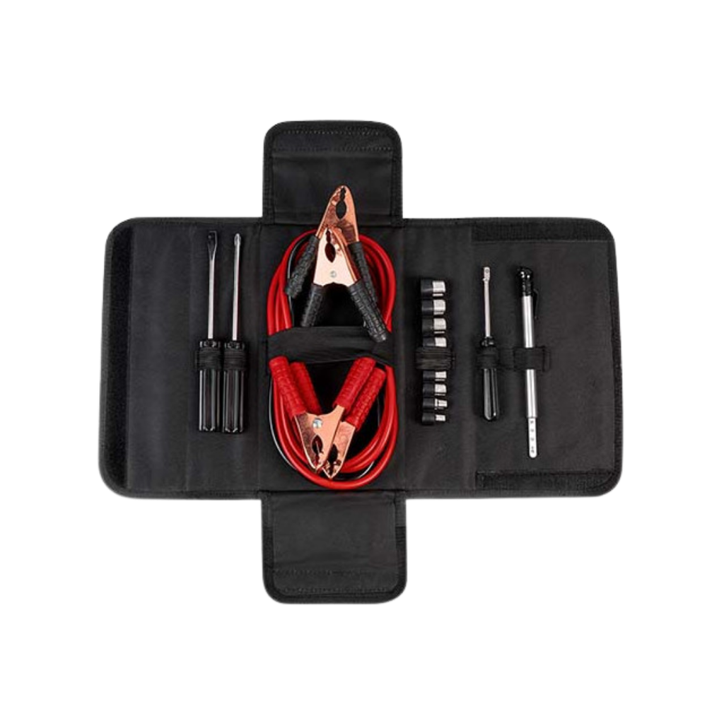 CABLE, ALUMINIO, NEGRO, 2 m, 12V 100A recubierto de cobre para carga de batería con rojo de seguridad y herramientas en estuche.