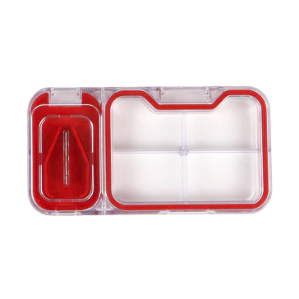 Pastillero, Plástico, Rojo, 12*6.3*1.8 Centimetros, 4 Divisiones Con Cortador Sello Silicon