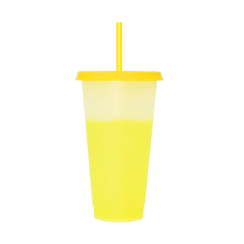 Vaso Plástico Amarillo 600 ml Cambia De Color Con Tapa Y Pajilla