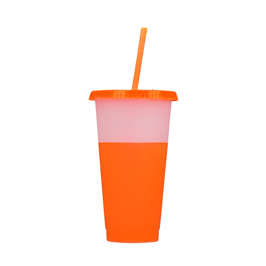 Vaso Plástico Anaranjado 600 ml Cambia De Color Con Tapa Y Pajilla