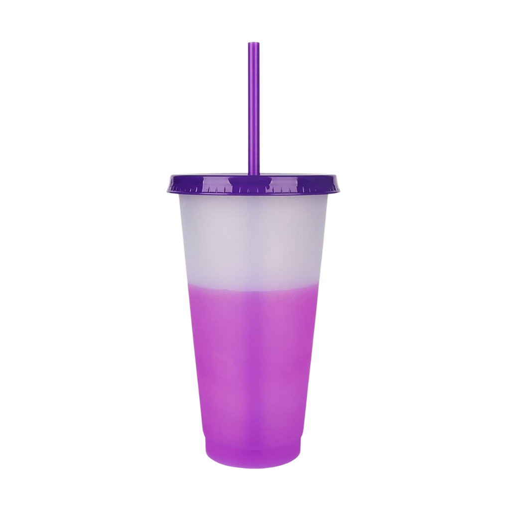 Vaso Plástico Morado  600 ml Cambia De Color Con Tapa Y Pajilla