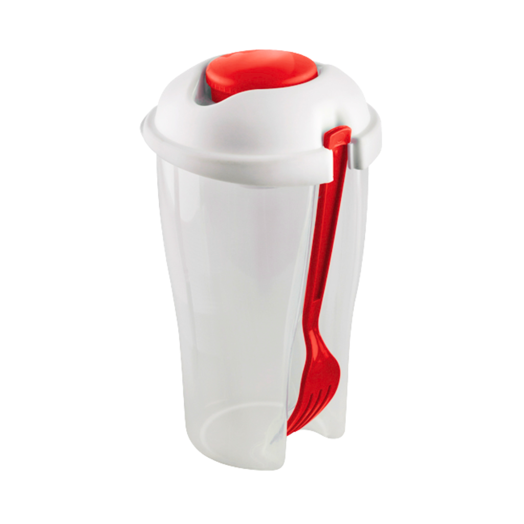 Vaso Plástico Rojo 800 Ml Ensaladero Con Tenedor Y Botecito Cuerpo Transparente