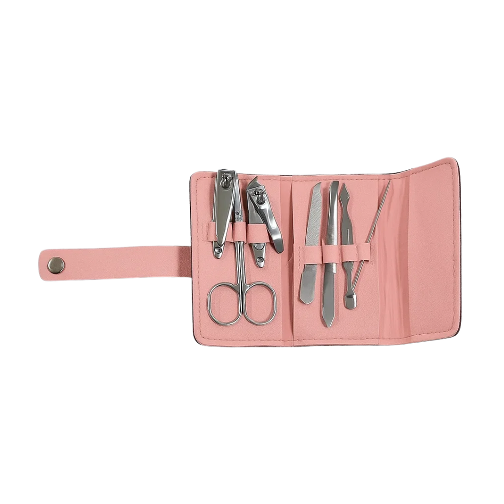 SET DE MANICURA ACERO INOXIDABLE ROSADO 7 pcs en estuche de tela