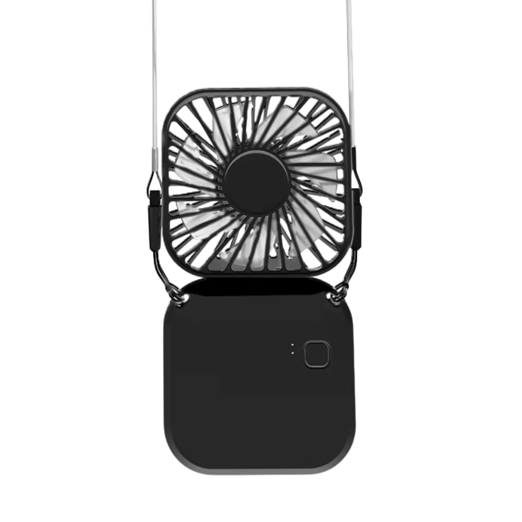 VENTILADOR, PLÁSTICO, NEGRO, 16*8*1.7 cm, plegable con cinta para el cuello