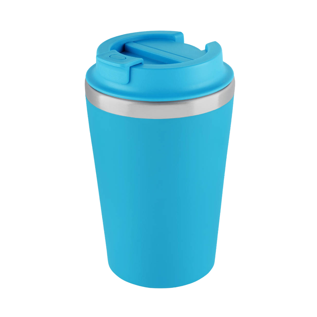 VASO, ACERO INOXIDABLE, CELESTE, 350 ml, MIAMI DOBLE PARED EXTERIOR PLÁSTICO CON TAPADERA
