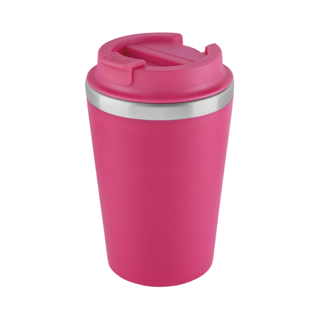 VASO, ACERO INOXIDABLE, FUCSIA, 350 ml, MIAMI DOBLE PARED EXTERIOR PLÁSTICO CON TAPADERA