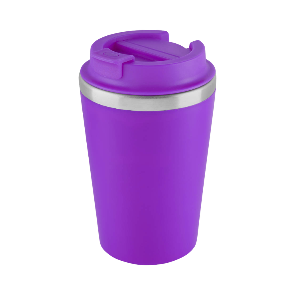 VASO, ACERO INOXIDABLE, MORADO, 350 ml, MIAMI DOBLE PARED EXTERIOR PLÁSTICO CON TAPADERA