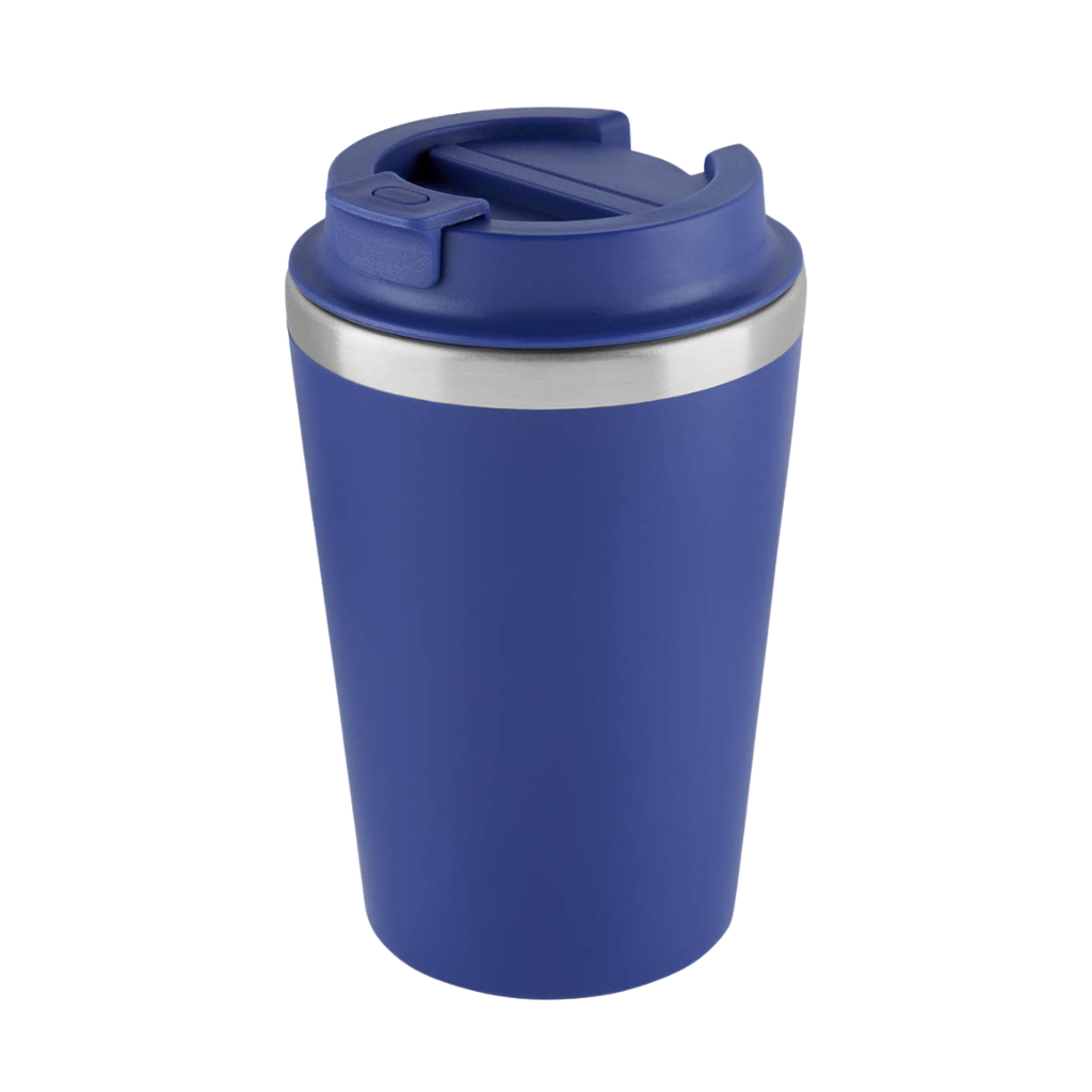 VASO, ACERO INOXIDABLE, AZUL OSCURO, 350 ml, MIAMI DOBLE PARED EXTERIOR PLÁSTICO CON TAPADERA