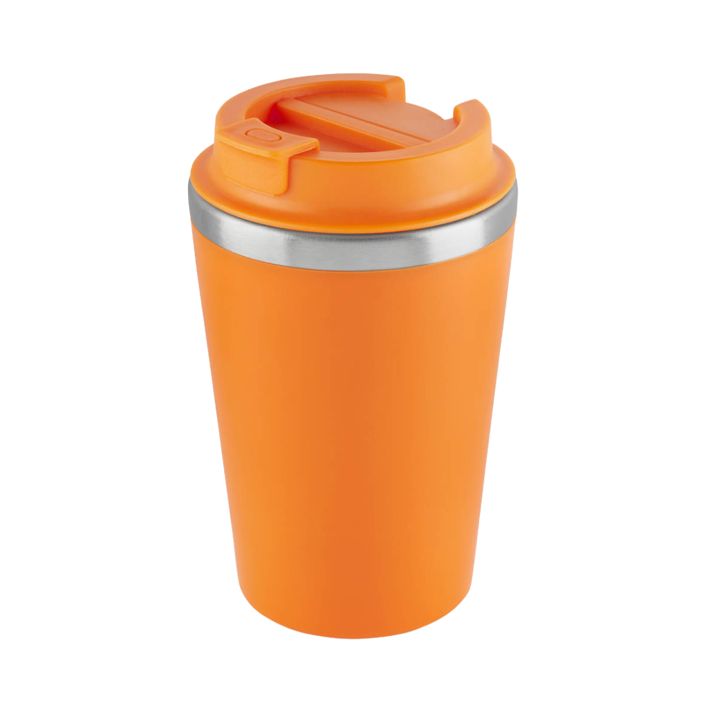VASO, ACERO INOXIDABLE, ANARANJADO, 350 ml, MIAMI DOBLE PARED EXTERIOR PLÁSTICO CON TAPADERA