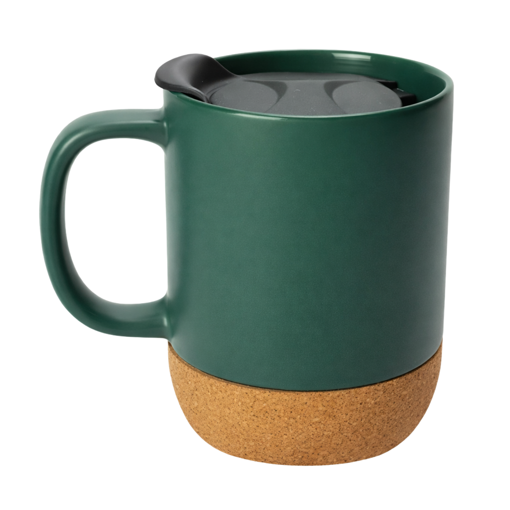 tazas, cerámica, verde oscuro, 8.5*9*10 centimetros, con tapa plastica y base de corcho 12 oz