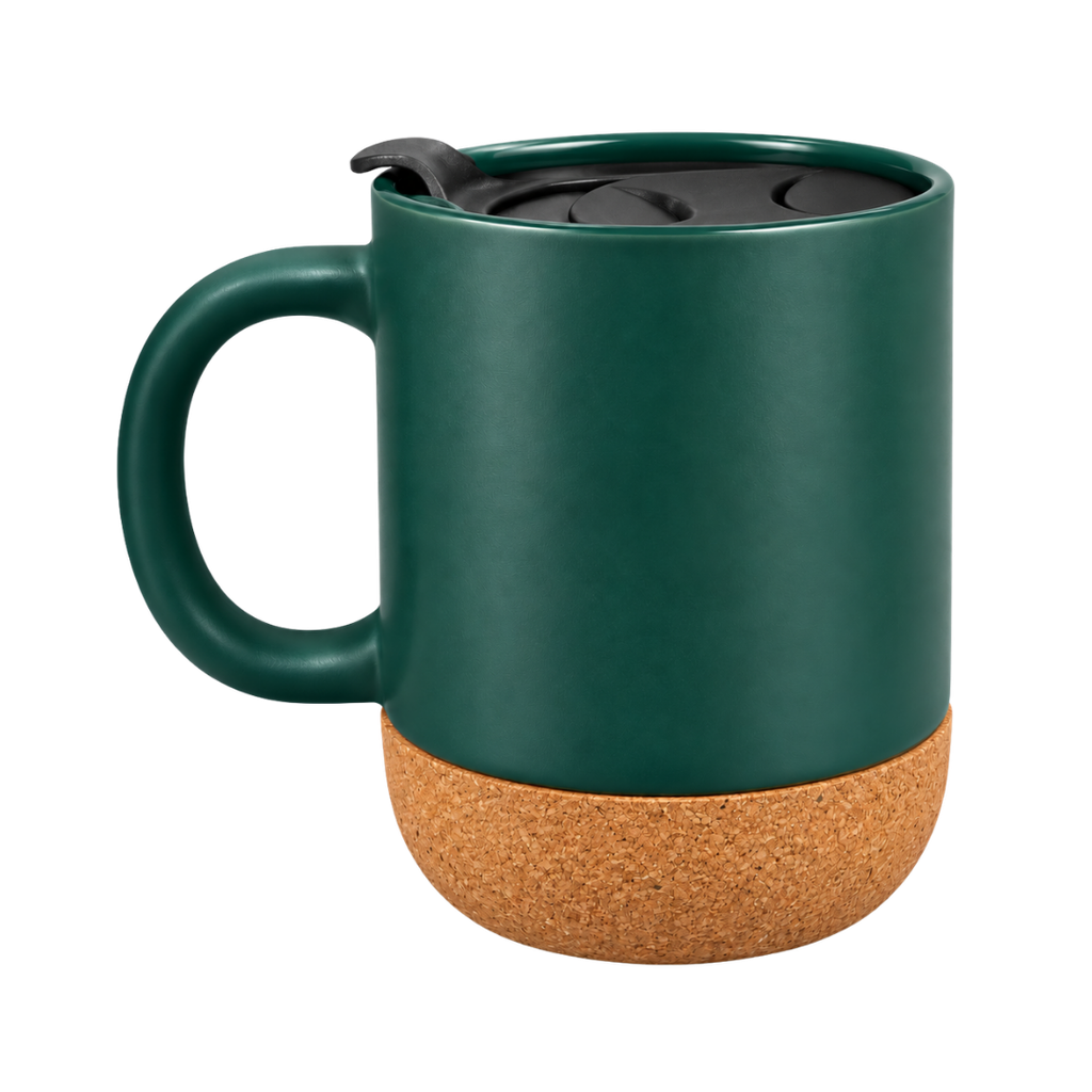 tazas, cerámica, verde oscuro, 8.5*9*10 centimetros, con tapa plastica y base de corcho 12 oz