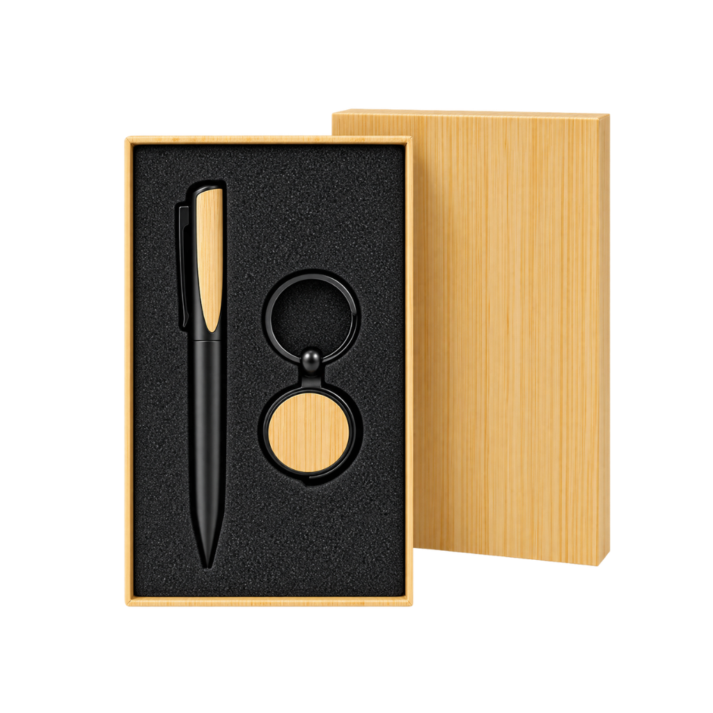 Set de escritorio, metal, negro,2 pcs: lapicero y llavero detalles de bambú