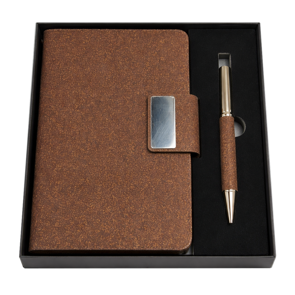 Libreta, fibra de café, café, A5, Matcha con lapicero de acero