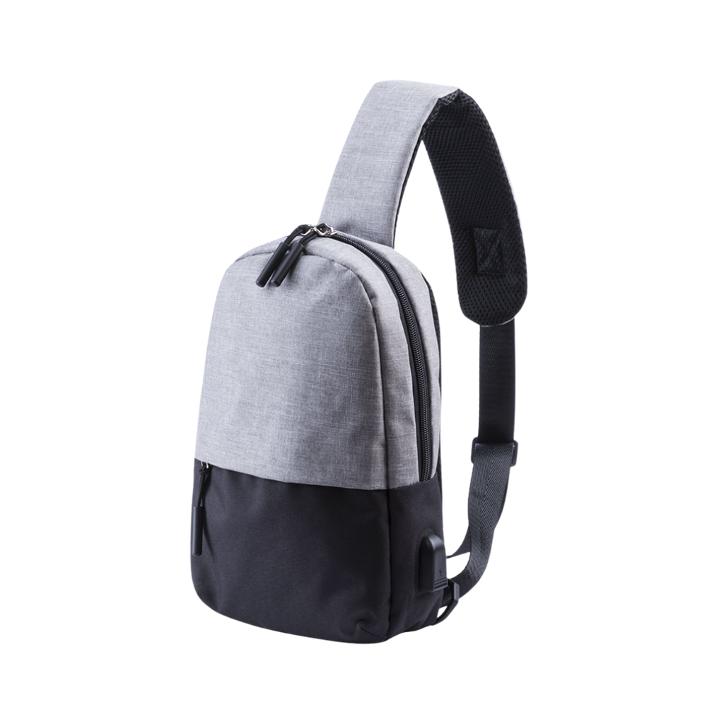 Mochila cruzada, Poliéster 300D, con conexión USB para carga 20 x 29 x 6.5 cm, Gris