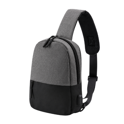 Mochila cruzada, Poliéster 300D, con conexión USB para carga 20 x 29 x 6.5 cm, Gris