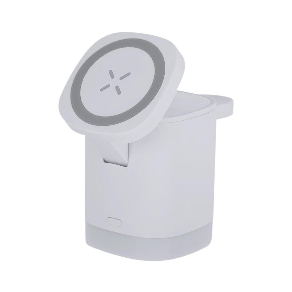 Cargador inalámbrico magnético 3 en 1 de 15W,  ABS reciclado, 6.4 x 9 x 6.4 cm, Blanco
