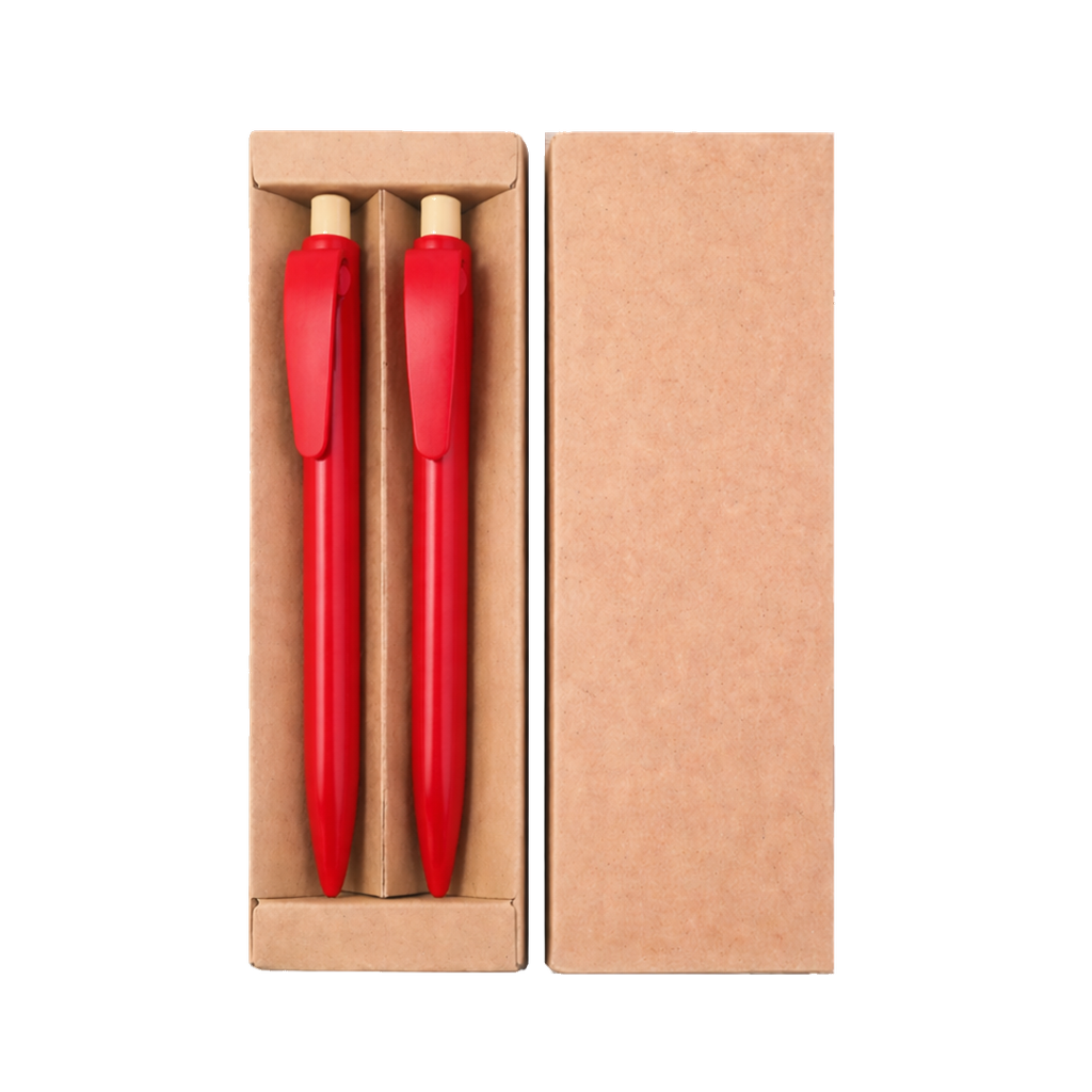 Lapicero, Fibra de bambu, Rojo, Rabs set con lápiz, botón de bambú en caja kraft