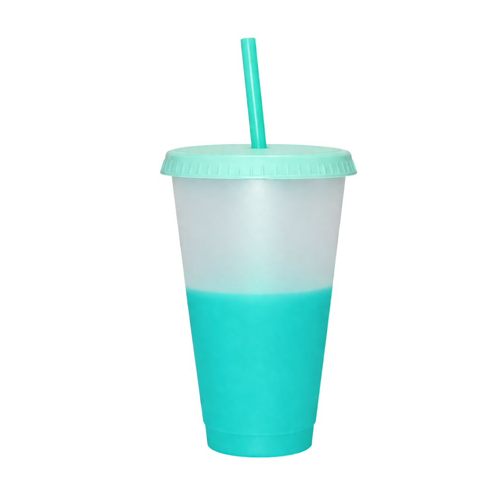 Vaso, Plástico, Aqua, 600ml, Cambia de color con tapa y pajilla