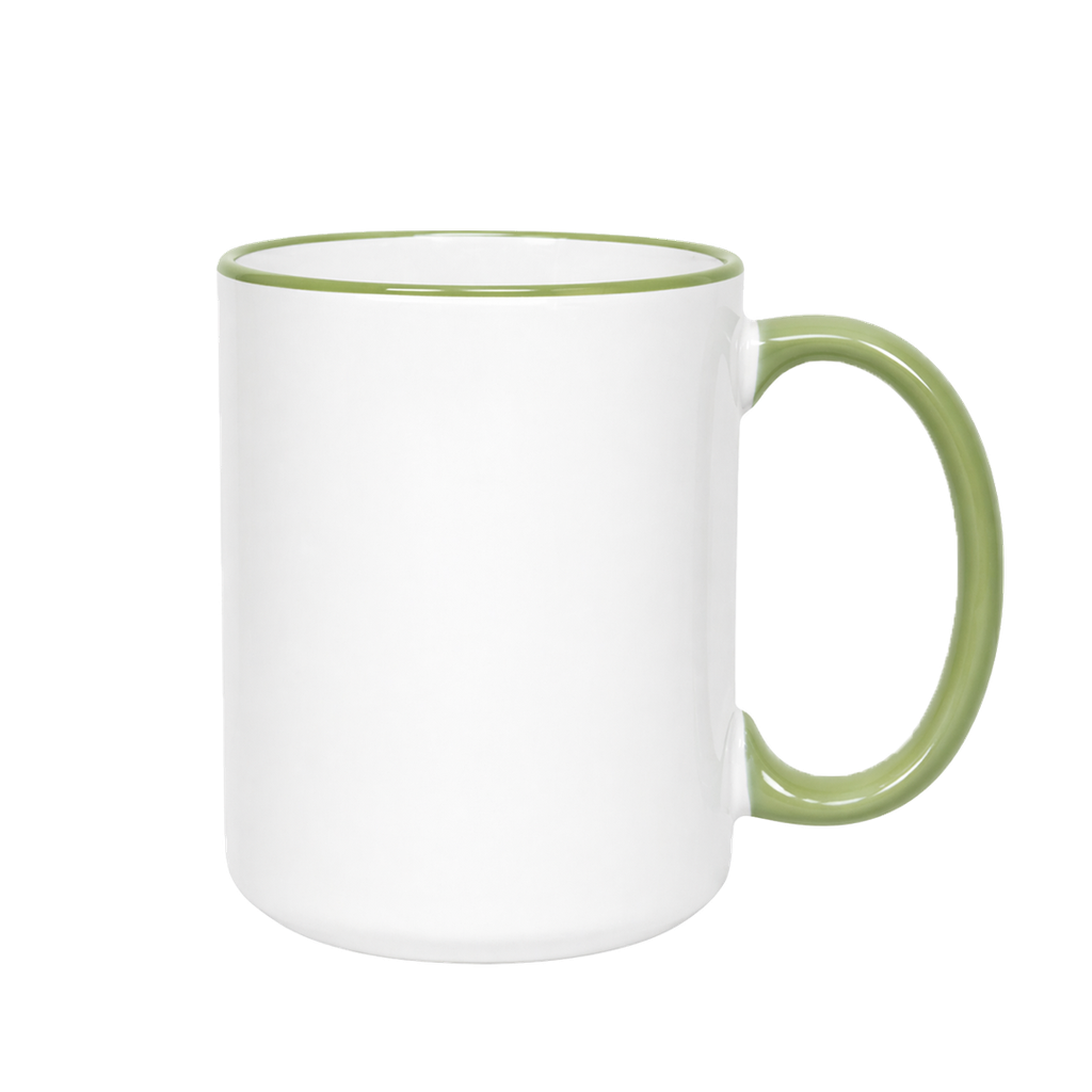 Pocilloa Kl, Ceramica, blanco Con borde  y mango color verde 16 Oz