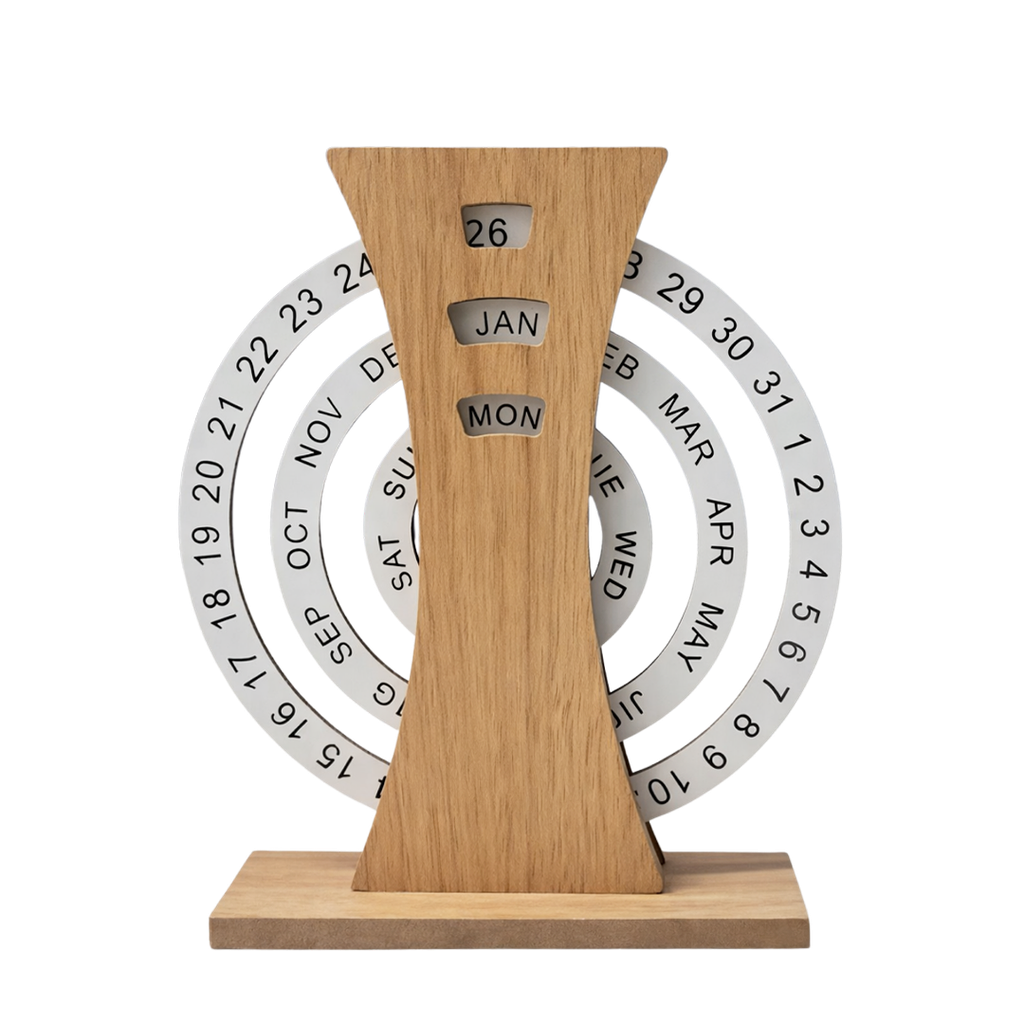 CALENDARIO, MDF, NATURAL, 20.5*16.5 cm, Perpetuo tipo rueda del tiempo en inglés con plywood de respaldo