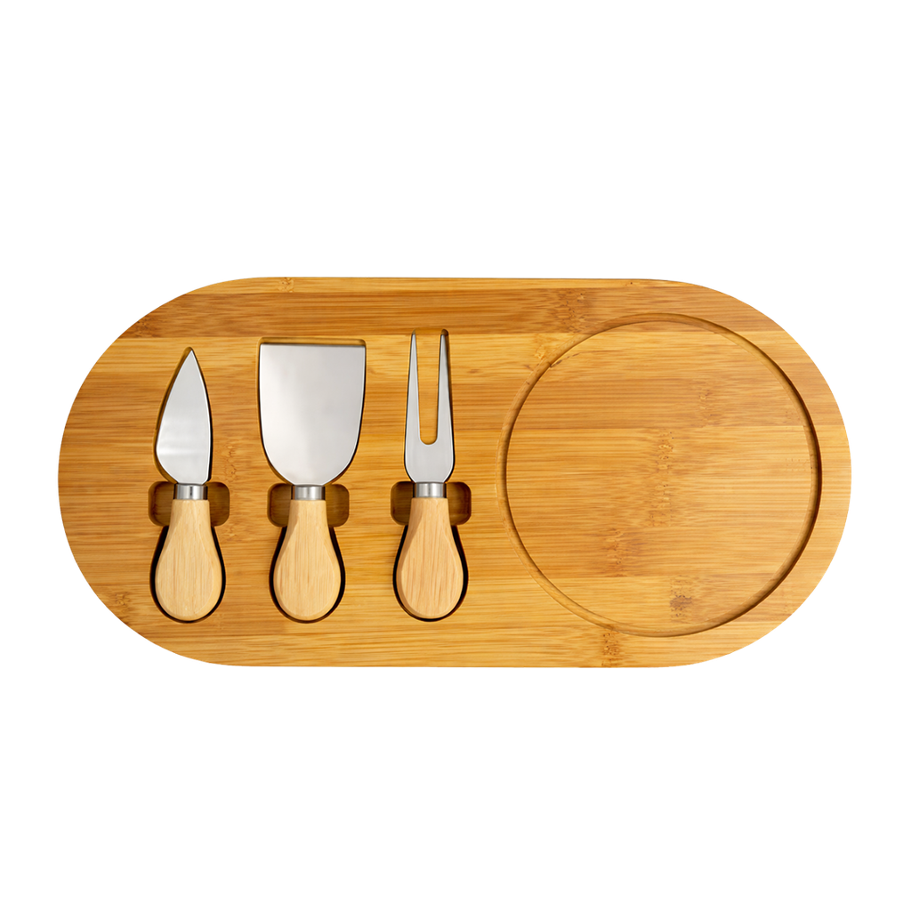 Tabla, Bambú, Natural, 35*18*1.5cm, ovalada para quesos con 3 utensilios