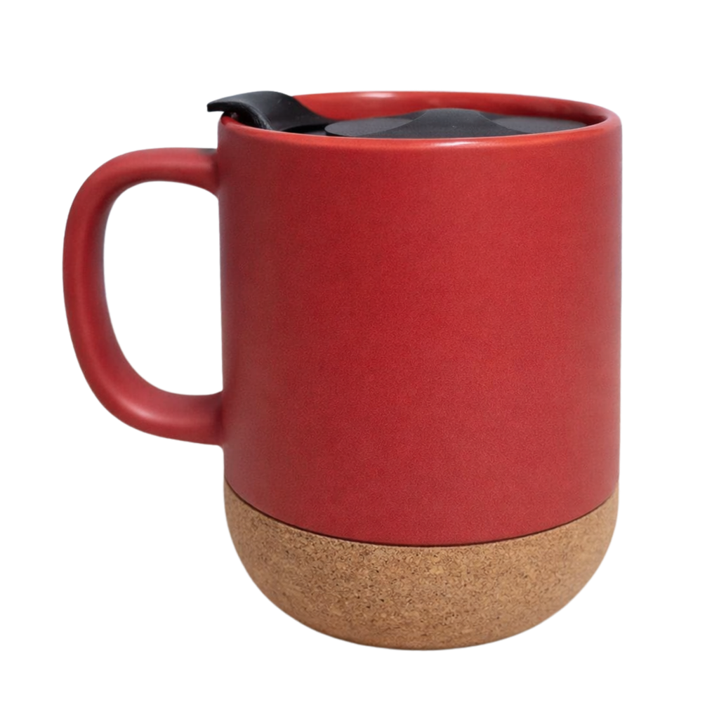 TAZA, CERÁMICA, ROJO, 380 ML, 12 oz tapa plástica y base de corcho