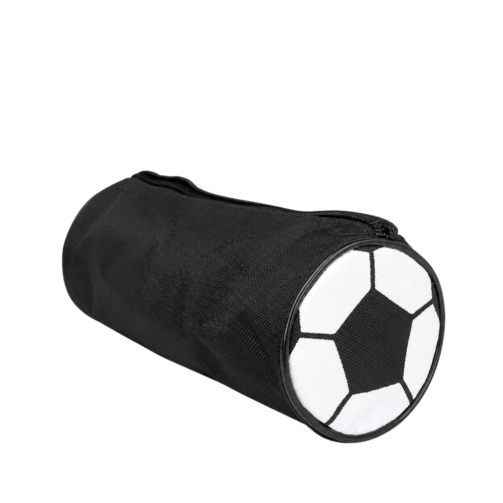 Estuche oxford negro 20.5*7.5 cm tubular con laterales diseño de pelota de fut