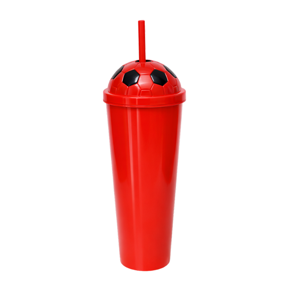 Vaso plástico rojo 1,000ml Carioca con tapa domo diseño de pelota y pajilla