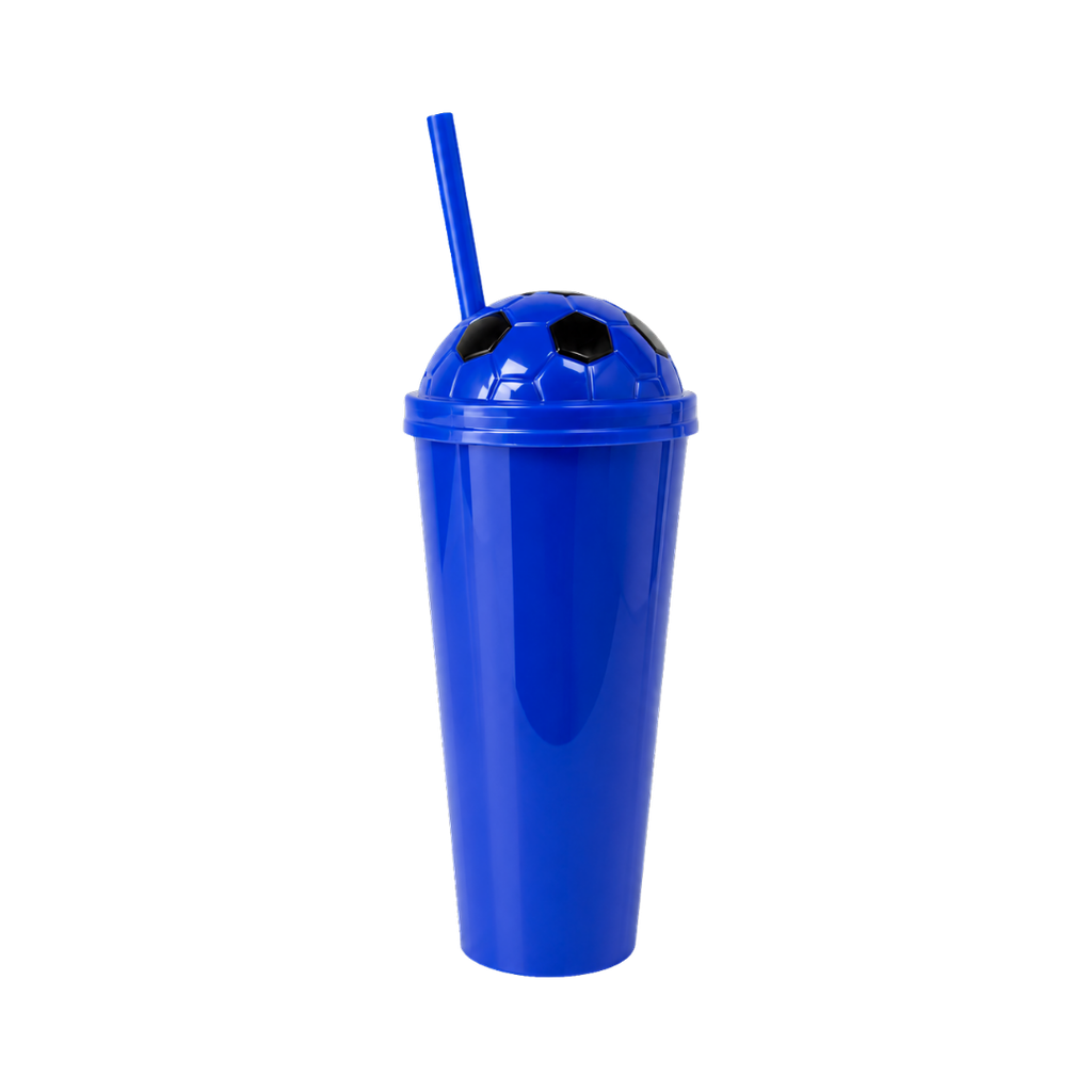 Vaso plástico azul  1,000ml Carioca con tapa domo diseño de pelota y pajilla