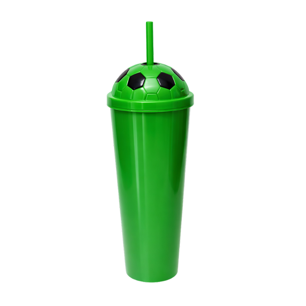 Vaso plástico  verde 1,000ml Carioca con tapa domo diseño de pelota y pajilla